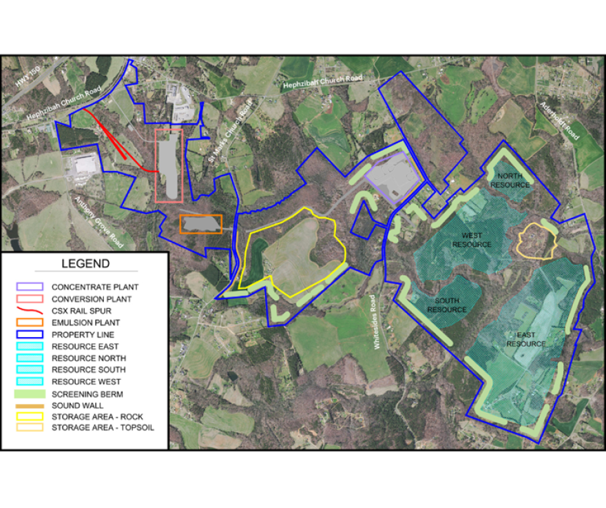 A site plan shows potential location of surface mines and processing facilities at the proposed Piedmont Lithium site.