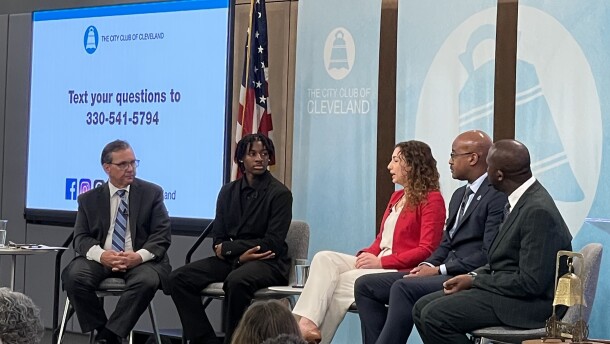 From left, moderator Mike McIntyre, executive editor of Ideastream Public Media; Cleveland Schools Student Quincy Boyd; CMSD Board Chair Sara Elaqad; Ray Hart with the Council of Great City Schools; and CMSD CEO Warren Morgan.