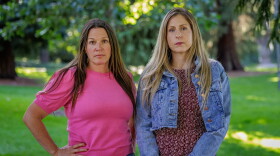 Michelle Caswell, left, and Megan McCarty pose at Riverside Park in Grants Pass, Oregon. Caswell, McCarty and other former residents of 5Rock Ranch have urged the nonprofit’s leadership to shut down the organization.