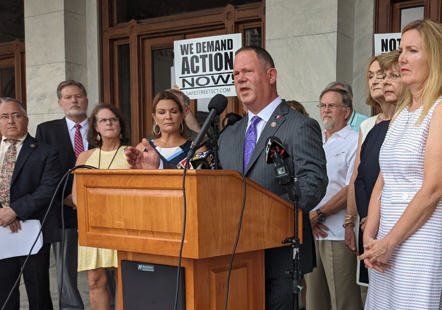 Rep. Craig Fishbein discusses juvenile crime during a press conference at the state capitol on Aug. 10, 2021.