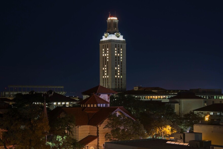 This photo provided by the University of Texas at Austin shows its tower that lit with "41" in memory of former President George H.W. Bush in Austin, Texas, Wednesday, Dec. 5, 2018.