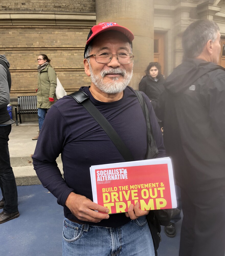 James Sugiyama, a Toronto-based doctor, watched Sen. Sanders' speech on livestream from a restaurant down the street. The Vermont senator is viewed as a "folk hero" by many Canadians, he said.