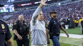 Alabama head coach Nick Saban walks to the Alabama student section to salute the fans postgame, a rare occurrence, after an NCAA college football game against Tennessee, Saturday, Oct. 21, 2023, in Tuscaloosa, Ala. Saban had asked for fans to be loud and help build momentum during his call-in show earlier in the week. (AP Photo/Vasha Hunt)