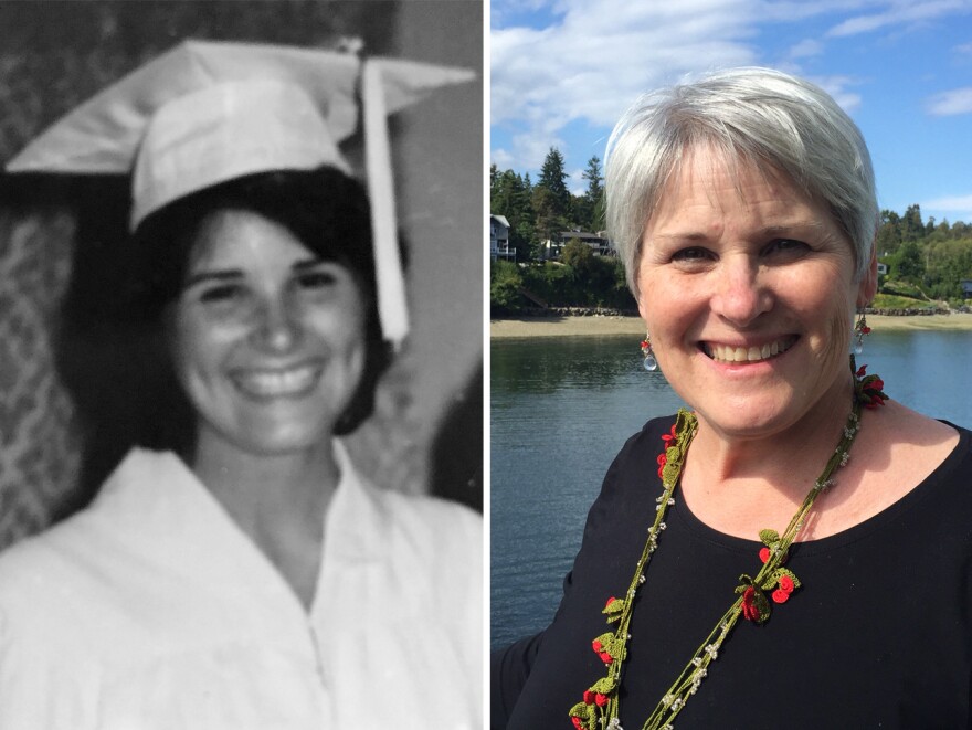 Sharon Griggins in 1972 and in 2016.