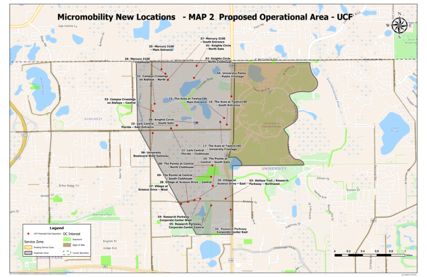 A map shows where e-scooters may be used near the University of Central Florida in unincorporated Orange County. Yellow shading marks the area’s initial boundaries, prior to Tuesday’s vote. The newly-expanded area is shown in gray.