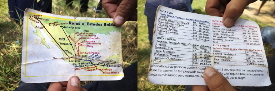 A map guiding migrants toward the U.S.-Mexico border shows freight train schedules and routes. There are even notes to the travelers (right, bottom): "In the rainy season the tracks get damaged and also the trains with less cargo go faster but they are less stable and that increases the dangers that you could fall off."