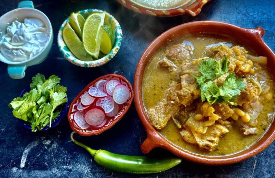 Pork stew with white beans, chilis and salsa verde. (Kathy Gunst/Here & Now)