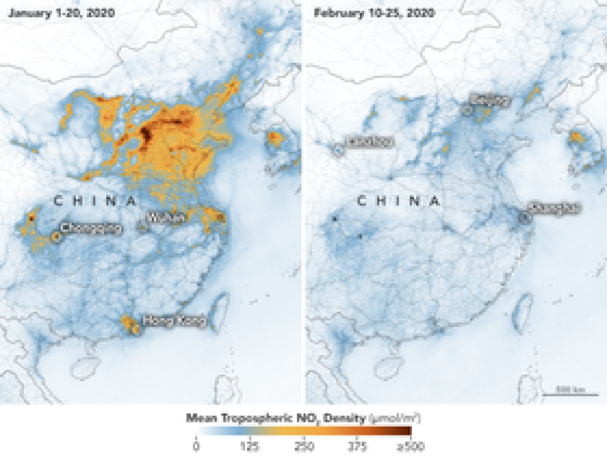 NO2 values in China from January 1-20, 2020 (before the quarantine) and February 10-25 (during the quarantine).