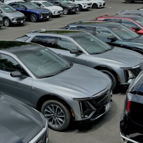 Electric vehicles sit on a car lot in Fairfield County, Connecticut