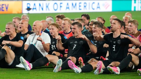 Norwegian players Erling Haaland, left, Alexander Soerloth (7), Kristoffer Ajer (3) and teammates celebrate after defeating Senegal in a World Cup Group I soccer match in East Rutherford, N.J., near New York, Monday, June 22, 2026.