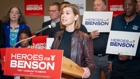 Senator Elissa Slotkin endorsed Jocelyn Benson for Michigan governor at an event in Warren.