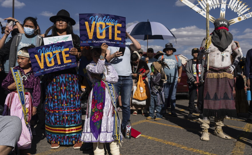Navajos gather for a "Get out the vote" or GOTV march in a push for Native Americans to vote in the upcoming presidential election, on the Navajo Nation in Fort Defiance, Ariz., Saturday, Oct. 12, 2024. Logistical and legal obstacles have long stood in the way of Arizona's 420,000 Native citizens casting their vote.