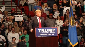 Republican presidential hopeful Donald Trump appears at a rally in Oklahoma City on February 26, 2016.