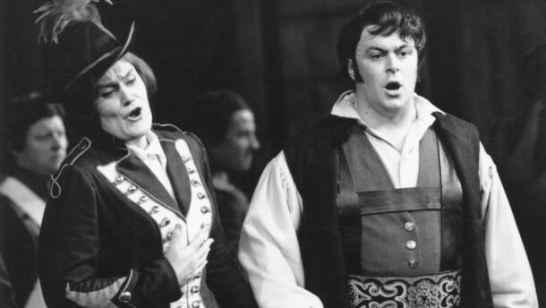 Italian tenor Luciano Pavarotti (1935-2007) and Australian soprano Joan Sutherland (1926-2010) in a production of Donizetti's comic opera 'La Fille du Regiment' at Covent Garden Opera House, London on May 27, 1966.