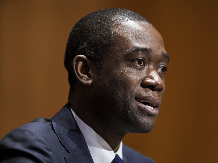 Wally Adeyemo speaks before the Senate Finance Committee during his confirmation hearing to be Deputy Secretary of the Treasury on Tuesday, Feb. 23, 2021 on Capitol Hill in Washington. (Greg Nash/Pool via AP)