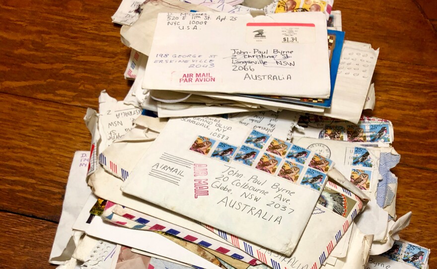 A stack of letters from the correspondence between Dawn McCombs and Jean-Paul Byrne.
