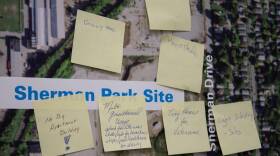 Attendees stuck post-it notes on a map of the 50-acre plot of land, writing down their dream projects.