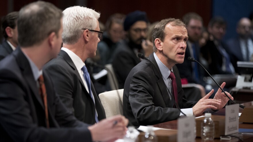 From left: Twitter's acting general counsel Sean Edgett, Facebook's general counsel Colin Stretch and Google's senior vice president and general counsel Kent Walker, testify before the House Intelligence Committee on Wednesday, Nov. 1, 2017.