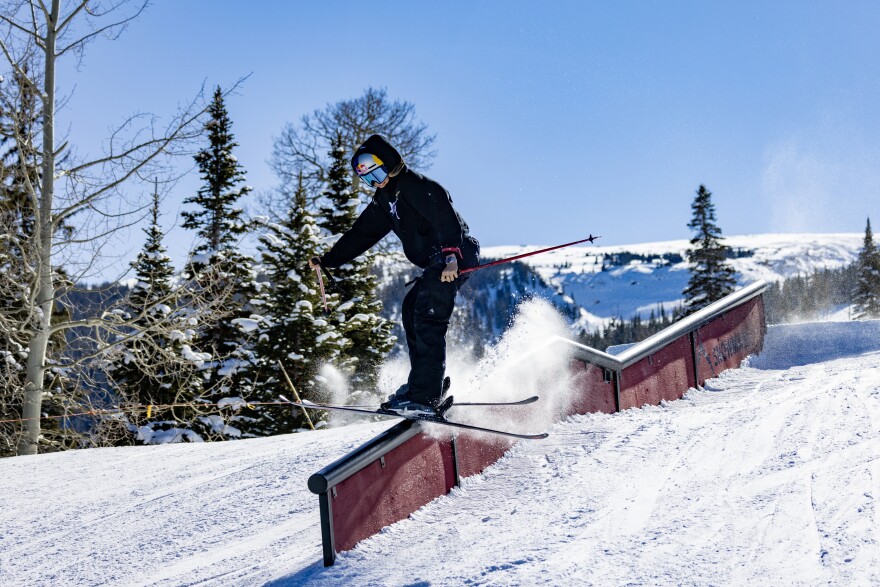 Eileen Gu skis along a rail at Snowmass Ski Area in the week leading up to the 2023 Winter X Games in Aspen. Gu spent time with local athletes from the Aspen Valley Ski and Snowboard Club on Jan. 23.