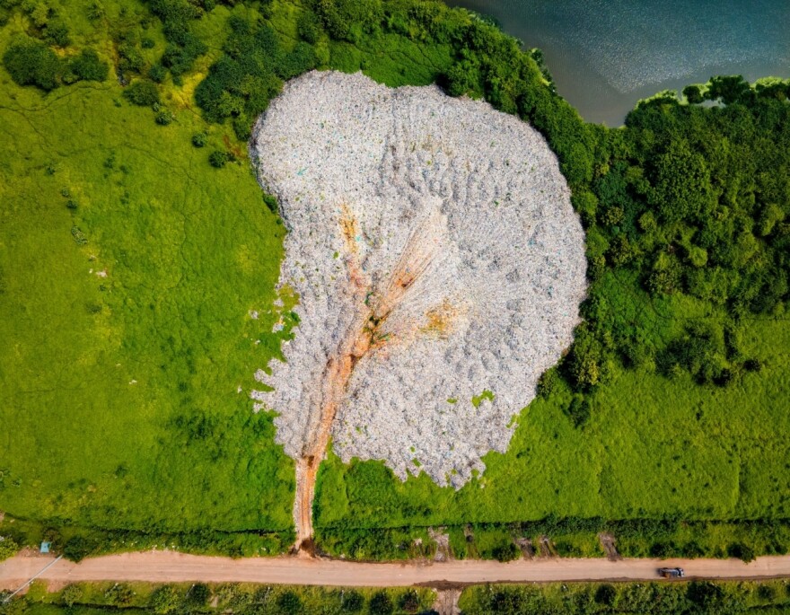 Pallikaranai is one of the few remaining wetlands in India. Every day, the photographer says that 3,500 tons of garbage (the white patch in the image) are dumped on some 300 acres of this nearly 20,000-acre wetland.