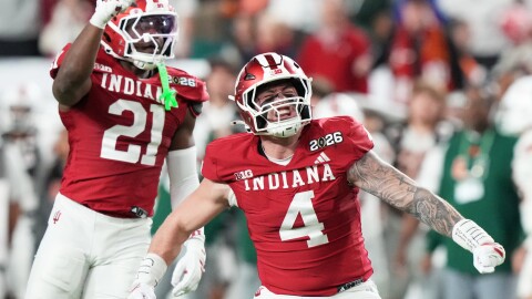 Indiana linebacker Aiden Fisher celebrates after sacking Miami quarterback Carson Beck during the first half of the College Football Playoff national championship game, Monday, Jan. 19, 2026, in Miami Gardens, Fla. (AP Photo/Marta Lavandier)