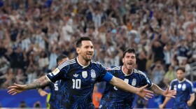 Argentina's Lionel Messi (10) celebrates scoring his side's 3rd goal during the World Cup Group J soccer match between Jordan and Argentina in Arlington, Texas, near Dallas, Saturday, June 27, 2026.