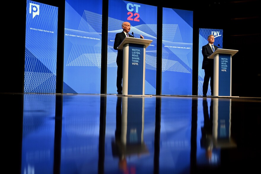 2nd Congressional District candidates Joe Courtney (D) and Mike France (R) deliver their points of view during the Election 2022 Debate series held at the Fine Arts Instructional Center on Eastern Connecticut State University's campus in Willimantic, Oct. 4, 2022.