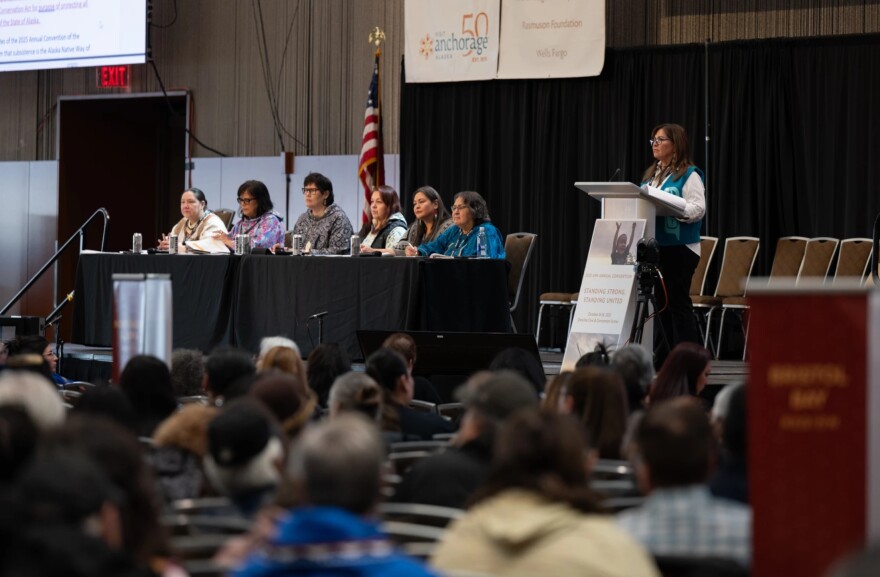 Alaska Federation of Natives delegates discuss resolutions on Saturday, Oct. 18, 2025.