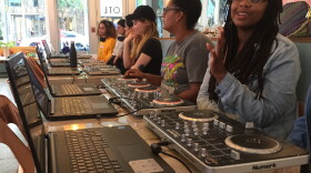 The women enrolled in the Wednesday Djing class, Girls Can Spin 2, become acquainted with their turntables and the software, Serato, on the first day of class in June. They met for seven more weeks to finish a final mix showcased at a "graduation" party.
