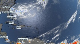 Satellite image showing clouds and thunderstorms across the Atlantic basin.