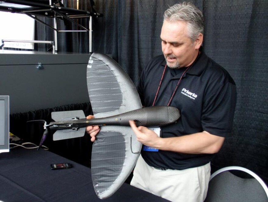 Prioria business development executive David Wright demonstrates the Maveric UAS
