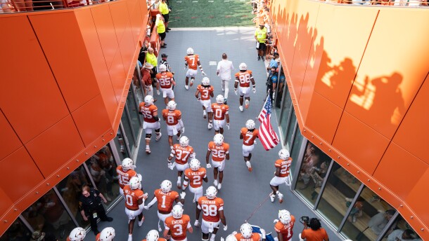AUSTIN, TEXAS - SEPTEMBER 14: Players of the Texas Longhorns run onto the field at Daryl K Royal Texas Memorial Stadium on September 14, 2024 in Austin, Texas. (Photo by Miya Tanner/The University of Texas Athletics/University Images via Getty Images)