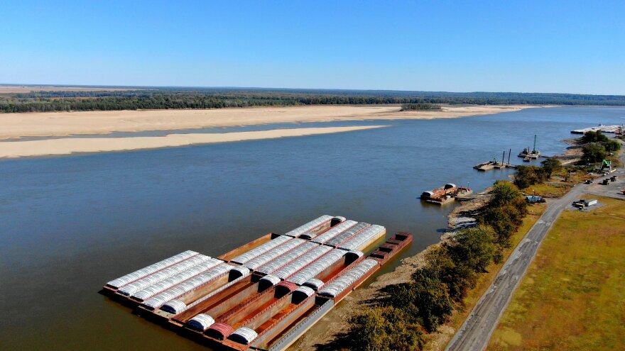  Barges parked on the side of the Mississippi River near Osceola, AR, one of the places where the river is at record low levels.