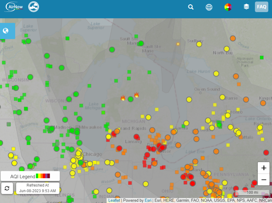 An air quality map from the EPA, as of June 8, 2023, at 9:53 a.m.