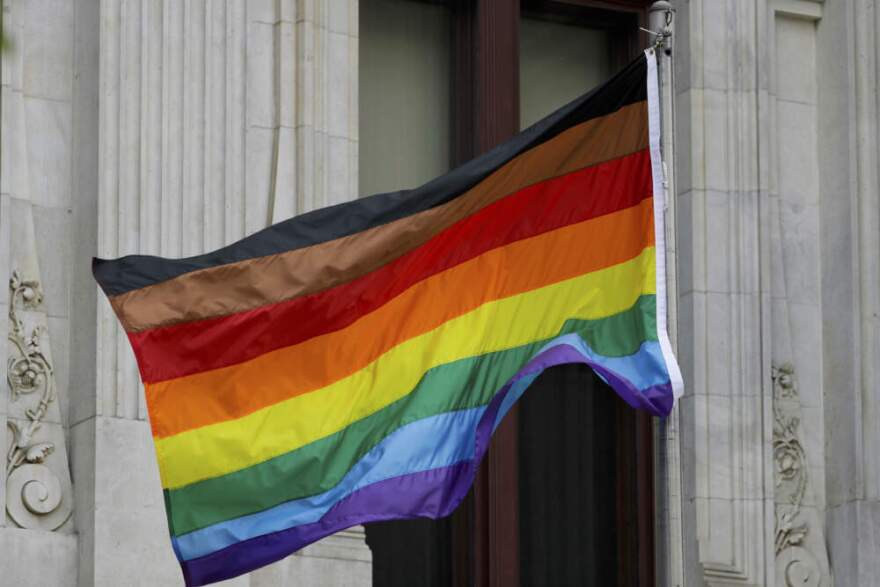 Philadelphia's altered gay pride flag is seen outside City Hall on June 19, 2017, in Philadelphia. (Matt Slocum/AP)