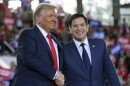 FILE - Republican presidential nominee former President Donald Trump greets Sen. Marco Rubio, R-Fla., during a campaign rally at J.S. Dorton Arena, Nov. 4, 2024, in Raleigh, N.C. 