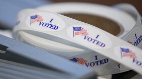 I voted stickers sit on a table during a presidential primary election at the Journey Church in Kenosha, Wisconsin. 