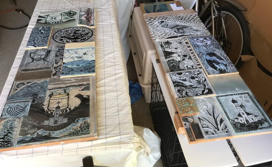 Ray Hudson's woodblock art in progress at his studio in Vermont.