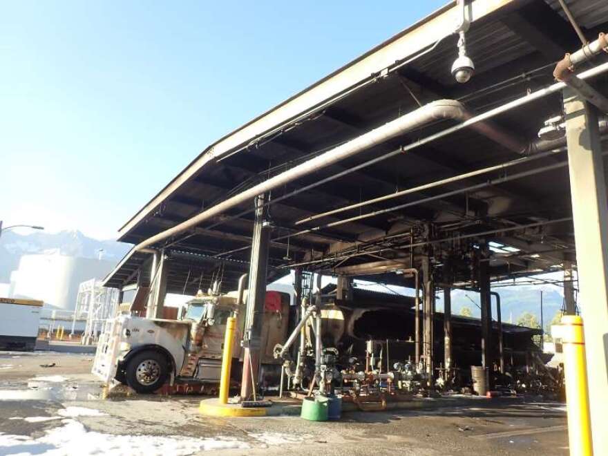 A Crowley tanker truck caught fire during fuel transfer, this photo was taken after the fire was extinguished at the Petro Star Valdez truck loading dock.