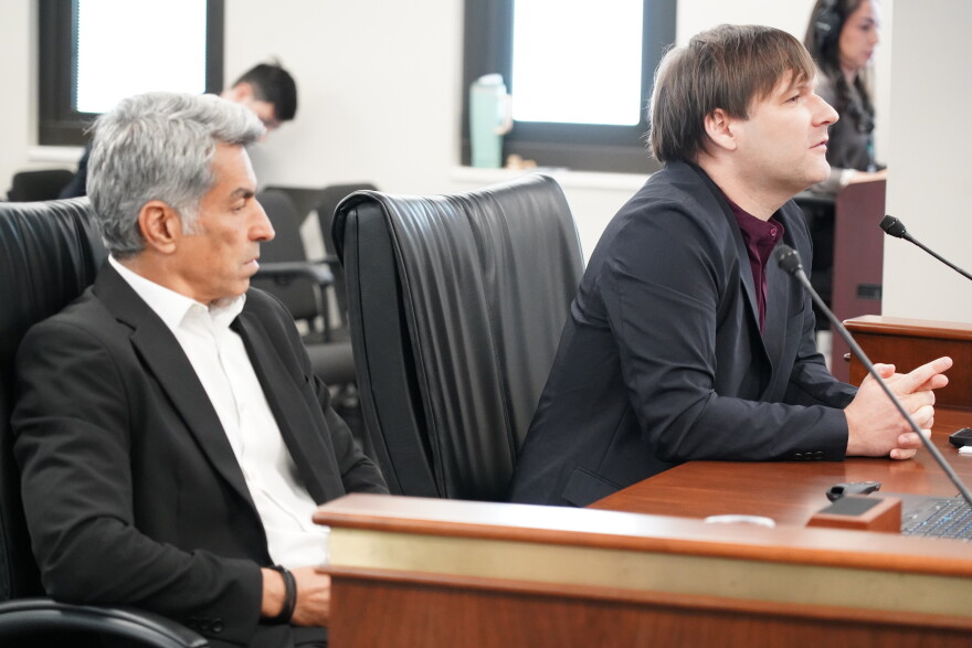University of South Carolina professors Homayoun Valafar, left, and Bryant Walker Smith testify Sept. 16, 2026, in Columbia, S.C., before a special S.C. Senate committee on artificial intelligence.