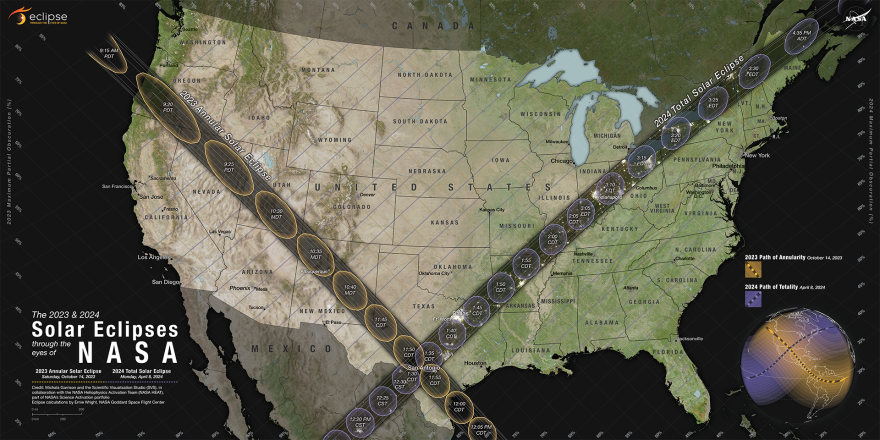 Un mapa muestra dónde cruzará la luna por delante del sol el 8 de abril de 2024.