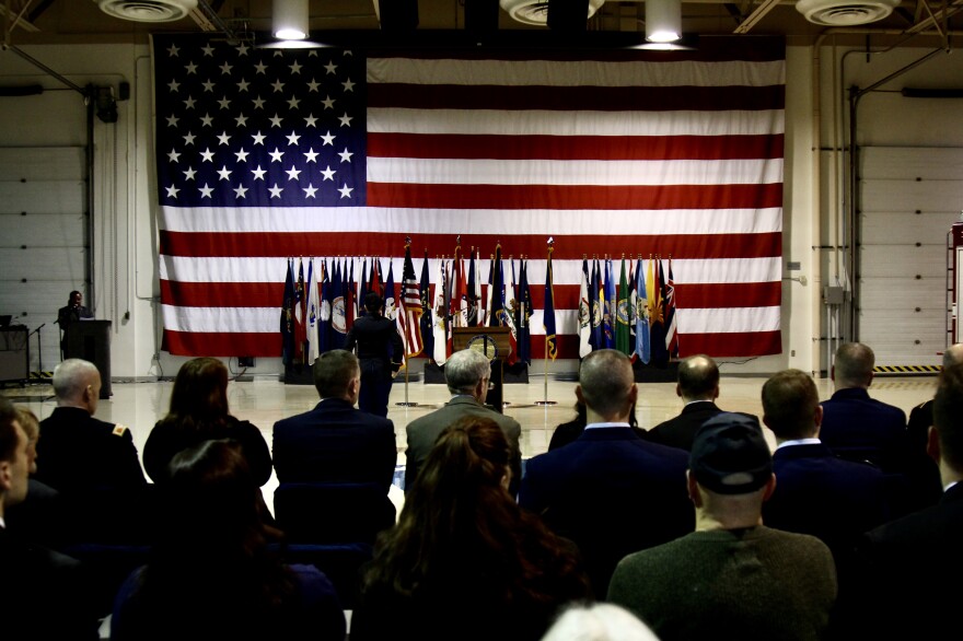 A Veterans Day ceremony at Joint Base Elmendorf-Richardson on Nov. 11, 2019. (Photo by Joey Mendolia/Alaska Public Media)