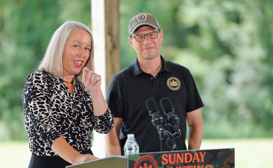 State Rep. Mandy Steele (D., Allegheny) and Democratic Gov. Josh Shapiro at the Sunday hunting bill signing. (Commonwealth Media Services)
