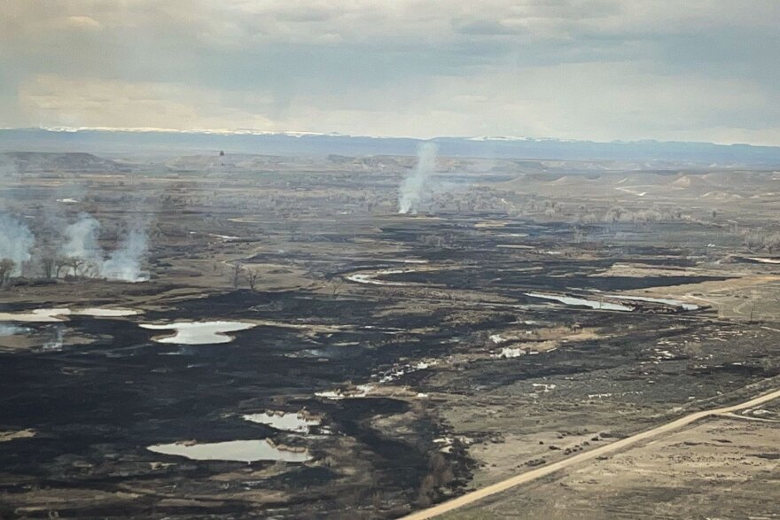 An aerial view of the Red Bridge Fire captured by the Utah National Guard. The fire started on Sunday, April 23, in the River Bottoms south of Fort Duchesne. The Utah National Guard says they completed 20 bucket drops fighting the fire, April 24, 2023.