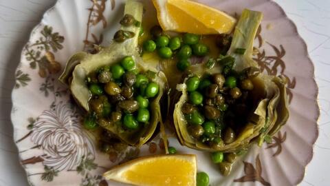Artichoke salad with peas in a mustard-caper vinaigrette. (Kathy Gunst/Here & Now)