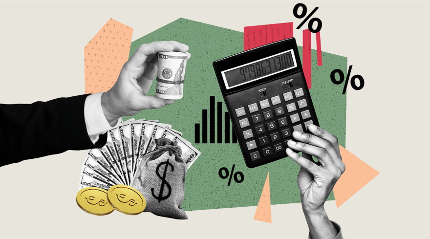 Illustration depicting money, calculators and various charts