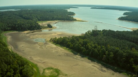 A drone image of Falls Lake shows the impact of North Carolina's drought on June 22, 2026, in Durham, N.C.