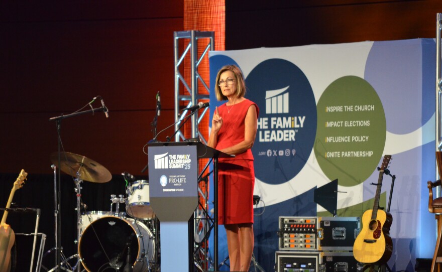 Iowa Gov. Kim Reynolds touted her anti-abortion policies and laws reducing legal protections for transgender Iowans July 11 at the Family Leadership Summit in Des Moines.