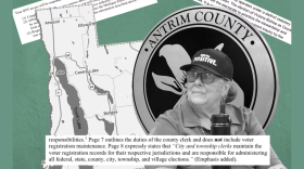 Antrim County Clerk Victoria Bishop set off a firestorm by changing the registration statuses of voters in her county. (Illustration by Elaine Cromie / Votebeat | Images by Hayley Harding / Votebeat, Google Maps and screen grabs)