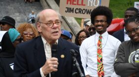 Tennessee Rep. Justin J. Pearson, D-Memphis, looks on his then-primary opponent U.S. Rep. Steve Cohen speaks at a protest against redistricting.